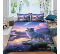 EMYXPAQM Australian Shepherd Duvet Cover Set 3D Dog Lake Print Bedding Set Soft Microfiber Duvet Cover with Hidden Zipper & Pillowcase for Kids Adults King（220x240cm）