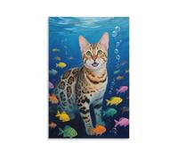 EMYXPAQM Bengal Cat Canvas Wall Art Bengal Cat Fish Canvas Prints Artwork for Living Room And Bedroom Decoration Gift 16x24inch(40x60cm)