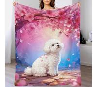 EMYXPAQM Bichon Frise Fleece Throw Blanket for Couch Sofa Bed All Season Cherry Blossom Tree Pattern Blanket Soft Warm Cozy Flannel for Kids Teens Adults 60x80inch(150x200cm)
