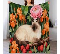 EMYXPAQM Birman Cat Fleece Throw Blanket for Couch Sofa Bed All Season Orange Iris Flowers Pattern Blanket Comfort Warmth Flannel Creative Gift for Kids Teens Adults 70x80inch(180x200cm)