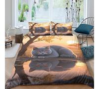 EMYXPAQM British Shorthair Duvet Cover Sets Soft Polyester 3 Piece 3D Printed Bedding Sets Cat Sunset Comforter Cover with Pillow Cases for Kids Boys Teens King(220x240cm)