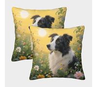 EMYXPAQM Cushion Cases Border Collie Flowers Plants Polyester Pillow Cover Set of 2 - Decorative for Sofa/Bed/Indoor/Outdoor 45x45cm