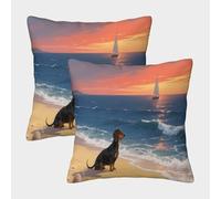 EMYXPAQM Dachshund Cushion Covers Set of 2, Dachshund Golden Beach Throw Pillow Covers Polyester Washable Decor Home for Garden Livingroom Couch Patio Furniture 40x40cm