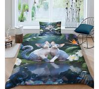 EMYXPAQM Devon Rex Cat Duvet Cover Set 3D Rainforest Waterhole Flowers Print Bedding Set Soft Polyester Comforter Cover with Zipper & Pillowcase For Teenage Boys Single(135x200cm)