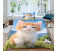 EMYXPAQM Devon Rex Kitten Duvet Cover Set 3D Green Grassland Design Bedding Sets Ultra Soft Microfiber Duvet Cover with Zipper & Pillow Cases For Teenage Boys Single(135x200cm)