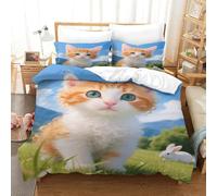 EMYXPAQM Devon Rex Kitten Duvet Cover Set 3D Green Grassland Design Bedding Sets Ultra Soft Microfiber Duvet Cover with Zipper & Pillowcase For Boys/Girls Kids Single(140x200cm)