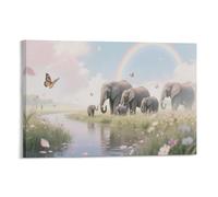 EMYXPAQM Elephants Wall Art Elephants Rest by A Shimmering River Pictures on Canvas Prints Decorations for Lounge Bedroom Office Kitchen 08x12inch(20x30cm)