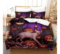 EMYXPAQM Halloween Duvet Cover Set 3D Sphynx Cat Spider Web Design Bedding Sets Ultra Soft Microfiber Duvet Cover with Zipper & Pillowcase for Kids Girls Adults Single（140x200cm）