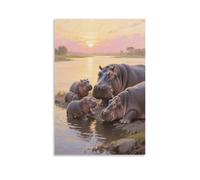 EMYXPAQM Hippo Canvas Wall Art Hippo Family Lake Giclee Canvas Prints Artwork for Living Room Bedroom Home Office Decor Gift 20x30inch(50x75cm)