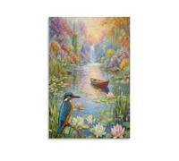 EMYXPAQM Kingfisher Canvas Wall Art Flower Bush Waterfall Canvas Picture Modern for Home Office Bedroom Home Decor Gift 20x30inch(50x75cm)