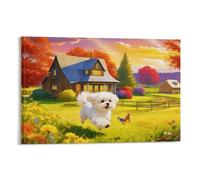 EMYXPAQM Maltese Dog Canvas Wall Art Autumn Village Printed on Canvas Modern for Living Room Bedroom Home Office Decorations Gift 08x12inch(20x30cm)
