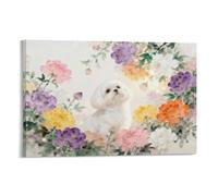 EMYXPAQM Maltese Dog Canvas Wall Art Colorful Flowers Printed on Canvas Modern for Living Room Home Office Wall Decor Gift 12x18inch(30x45cm)