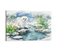 EMYXPAQM Maltese Dog Canvas Wall Art Snow Flowers Printed on Canvas Modern for Living Room Home Office Decoration Gift 16x24inch(40x60cm)