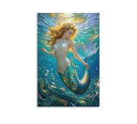 EMYXPAQM Mermaid Canvas Wall Art Golden Curly Mermaid Giclee Canvas Prints Artwork for Living Room Home Office Wall Decor Gift 12x18inch(30x45cm)