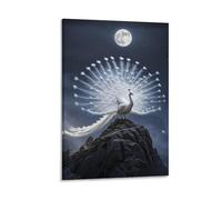 EMYXPAQM Peacock Canvas Wall Art White Peacock Cliff Moonlight Giclee Canvas Prints Modern for Living Room And Bedroom Decorations Gift 16x24inch(40x60cm)