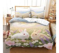 EMYXPAQM Rabbits Duvet Cover Set Soft Polyester 3 Piece 3D Printed Bedding Sets Two Rabbits Flower Sea Comforter Cover with Pillow Cases For Boys/Girls Kids Super King(260x220cm)