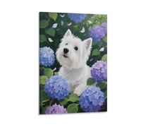 EMYXPAQM Westie Canvas Wall Art Westie Hydrangea Canvas Prints Artwork for Living Room And Bedroom Decor Gift 16x24inch(40x60cm)