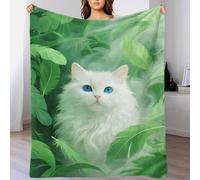 EMYXPAQM White Cat Fleece Throw Blanket for Couch Sofa Bed All Season Green Feathers Pattern Blanket Soft Warm Cozy Flannel Presents for Her Or Him 80x90inch(200x230cm)