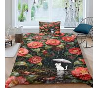 EMYXPAQM White Kitten Duvet Cover Set 3D Rainy Season Flowers Design Bedding Sets Ultra Soft Microfiber Quilt Cover with Hidden Zipper & Pillowcase for Kids Teens Adults Single(135x200cm)