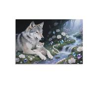 EMYXPAQM Wolf Wall Art Wolf And Cubs in The Jungle Pictures Canvas Prints Modern for Living Room And Bedroom Decorations Gift 16x24inch(40x60cm)
