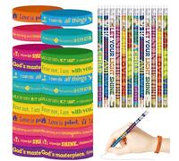 emzrivo 48 Pcs Bible Verse Pencils Set 24 Christian Religious Scripture Pencil Inspirational Pencils 24 Silicone Bracelets Rubber Wristband