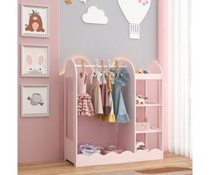 [en.casa] Children's Wardrobe Standing Vestnes Children's Wardrobe with Mirror and Clothes Rail 100 x 94 x 38 cm Clothes Rack with Shelf Wave Design Cotton Candy