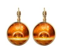en red planet like flame burning pattern Gold Clip On Drop Earrings Non Piercing Dangle Jewelry
