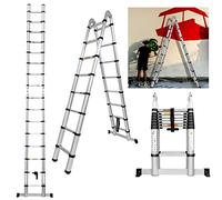 EN131 Telescopic Ladder 5M(2.5M+2.5M) A-Type Extension Ladder with Stabilizer Bar, Multi Purpose Extendable Loft Ladder Folding Ladder, 16 Adjustable Steps with Locking Button, Max Load 150kg