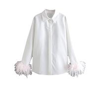 EN8 Feathers On The Cuffs Womens Blouses White Elegant Blouses Tops Shirts pink feather L