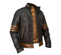 Enab Clothing Men's Wolverine Logan Origins Superhero Brown Stripe Biker Real Leather Jacket