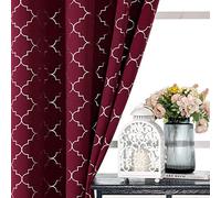 Enactex 100% Full Blackout Curtains 63 Inch Length Thermal Insulated Red Curtain with Geometric Metallic Silver Pattern, Light Blocking Grommet Window Drapes for Living Room Bedroom, 2 Panels