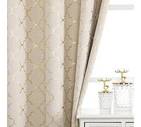 Enactex 100% Full Blackout Curtains Thermal Insulated Drapes 84 Inch Long for Bedroom, Beige Drapery with Gold Geometric Pattern Room Darkening Grommet Window Curtain for Living Room, 2 Panels