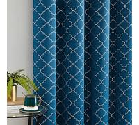 Enactex 100% Full Blackout Curtains Thermal Insulated Drapes 84 Inch Long for Bedroom, Blue Drapery with Silver Geometric Pattern Room Darkening Grommet Window Curtain for Living Room, 2 Panels
