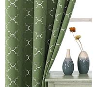 Enactex 100% Full Blackout Curtains Thermal Insulated Drapes 84 Inch Long for Bedroom, Green Drapery with Silver Geometric Pattern Room Darkening Grommet Window Curtain for Living Room, 2 Panels