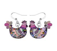Enamel Alloy Cartoon Hen Chicken Earrings Drop Dangle Cute Farm Jewelry For Women Girls Charm Gift (Purple)