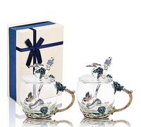 Enamel Butterfly Flower Tea Cup Sets with Spoon and Lid, Glass Coffee Mug, Mothers Day Gifts for Mum, Wedding Birthday Graduation Valentines Christmas for Women Wife Friend Teacher (Blue Rose-2 Short)