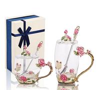 Enamel Butterfly Flower Tea Cup Sets with Spoon and Lid, Glass Coffee Mug, Mothers Day Gifts for Mum, Wedding Birthday Graduation Valentines Christmas for Women Wife Teacher (Pink Peony-Short+Tall)