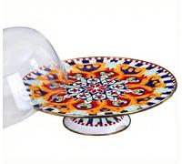 Enamel Cake Stand with Plexi Dome, White Pedestal with Colorful Moroccan Pattern, Crystal Knob Handle, 30cm x 23cm