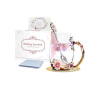 Enamel Flower Tea Cup, Glass Butterfly Flower Mug with Spoon and Greeting Card, Coffee Glass Mug, Birthday Christmas Anniversary Mothers Day Good Gifts for Her Women Mum Teacher Friends (350ml)