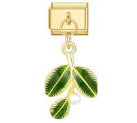 Enamel Gold Green Flower Plant Leave Lucky Charm Silver Italian 9mm Link Stainless Steel Bracelet Charm Compatible With Nomination 9mm Bracelet