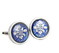 Enamel Hand Painted Royal Blue Coloured Lucky Sixpence Cufflinks choice of year from 1937 to 1970 (Year 1961)