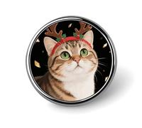 Enamel Lapel Pin - Mechanical Crow Round Metal Brooch Pin with Secure Pinback, Fashion Button Badge for Clothing, Hats, Bags Decoration, Christmas cat with deer horns, Circular