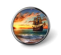Enamel Lapel Pin Round Metal Brooch Pin with Secure Pinback Pirate Ship in The Sunset Fashion Button Badge for Clothing, Hats, Bags Decoration
