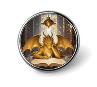 Enamel Lapel Pin Round Metal Brooch Pin with Secure Pinback Reading Book Cool Retro Dragon Fashion Button Badge for Clothing, Hats, Bags Decoration