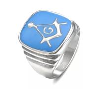 Enamel Masonic Symbol Signet Ring Stainless Steel Men Women Freemason Biker Ring-10-Silver with Blue Enamel