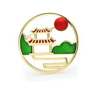 Enamel Pavilion Landscape Brooch for Women - Round Party Brooch, Fashion Aessory for Cardigan, Jacket, Coat