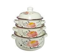 Enamel Pot Enamel Powder Rose Three-Piece Enamel Soup Pot Thickened Type Frying Pan Hot Pot Stew Pot Frying Pan for Kitchen, Dining Room(Color 1)