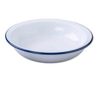 Enamel Round Pie Dish with Blue Rim - 20cm Oven Safe Baking Dish, Deep Enamel Pie Plate for Baking, Roasting & Serving - Heavy Gauge Steel Enamelware, Retro Kitchen Cookware, White with Blue Rim