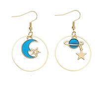 Enamel Star Moon Earth Earrings Asymmetric Mismatch Creative Personalized Blue Celestial Sun Saturn Planet Long Dangle Drop Earrings for Women Space Lover Birthday Christmas Fashion Jewelry Gifts