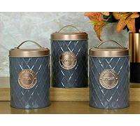 Enamel Tea Coffee Sugar Canisters Air Tight Lid Kitchen Storage Jars Pots Round Tin White,Cream,Grey,Copper (Grey With Copper Lid)